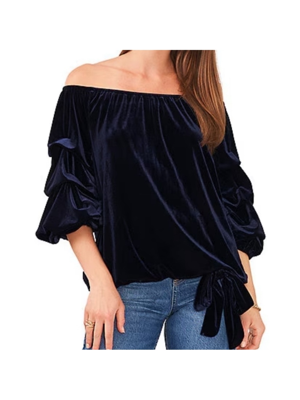 MSK Off-Shoulder Velvet Blouse in Navy Blue with Tie-Hem